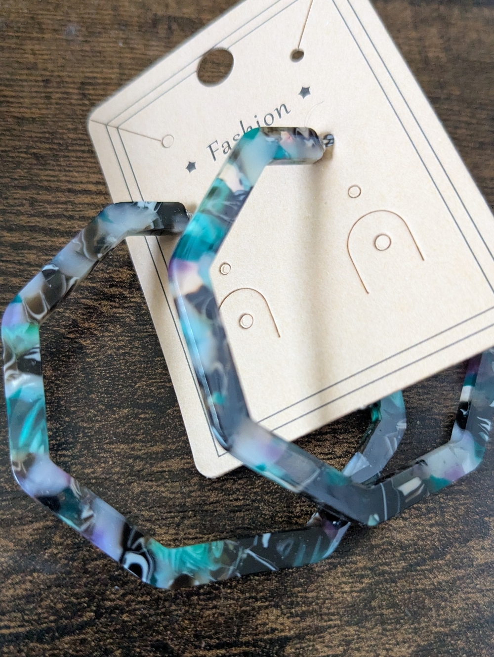 Fashion Acrylic Hexagon Hoop Earrings - Teal Marble Pattern